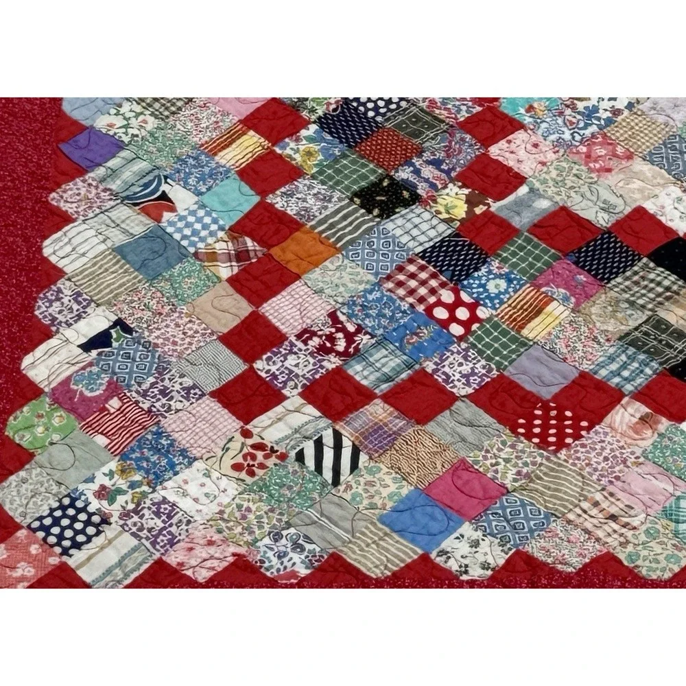 Handmade Patchwork Quilt Red Scrappy Postage Stamp Style 70